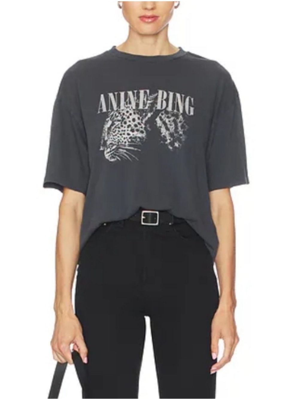 Anine Bing Leopard Cohen Leopard Cheetah Tee in Washed Black NWT